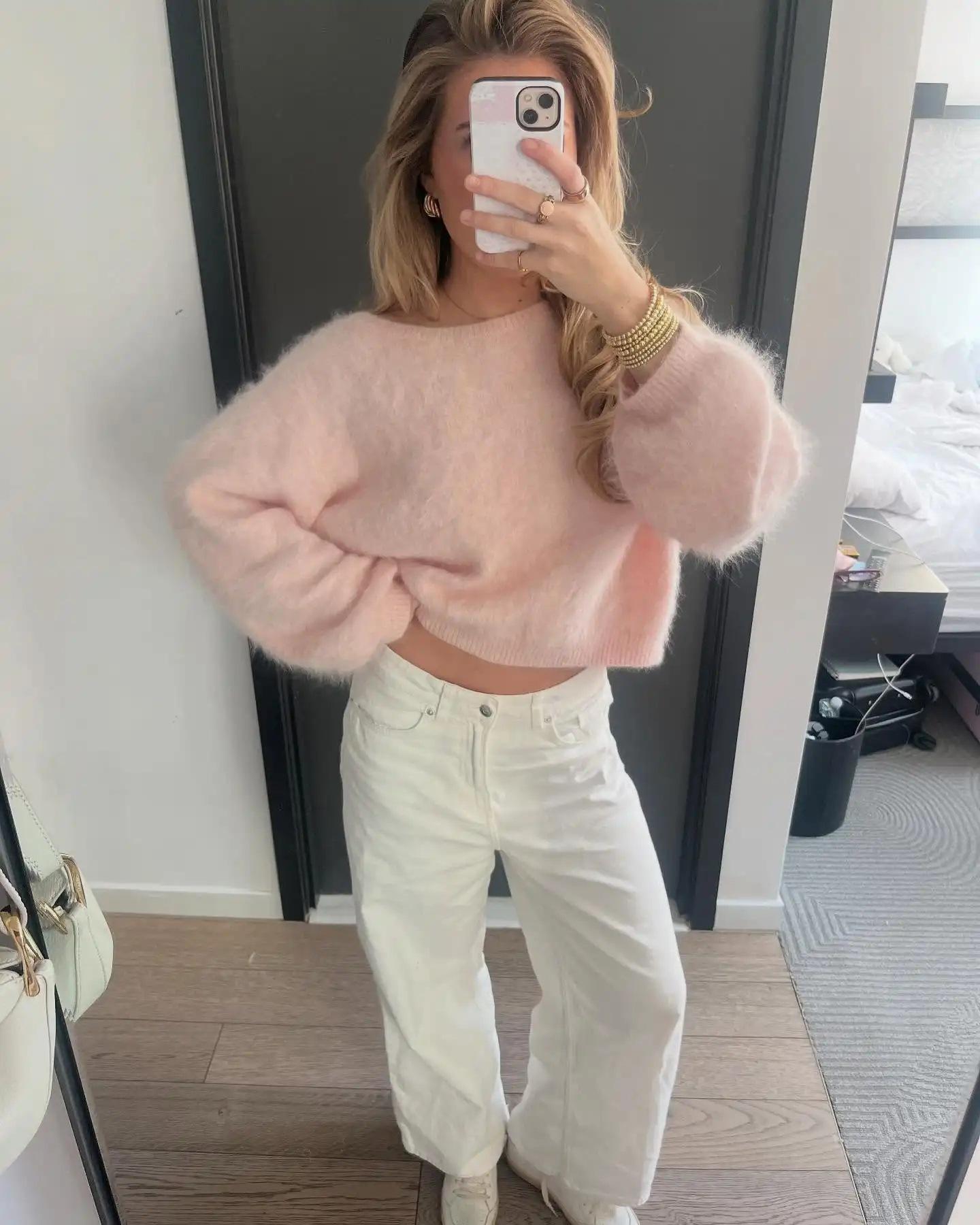 New Loose Diagonal Collar Solid Color Sweater For Women