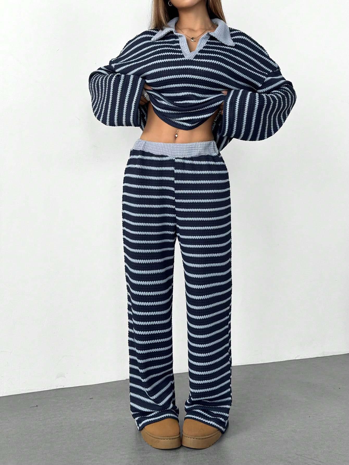 Striped Knitted Color-Block Long-Sleeve Top And Pants Casual Set