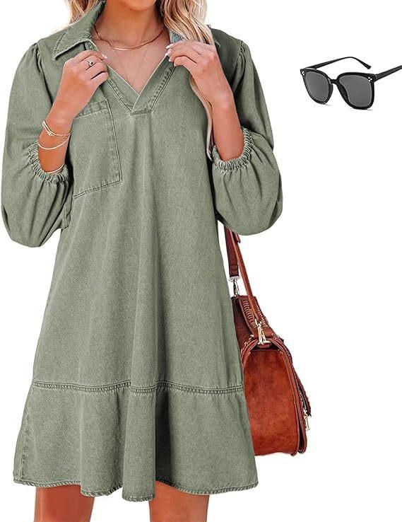 Casual Little-girl Style Clothes V-neck Cropped Puff Sleeve Denim Dress