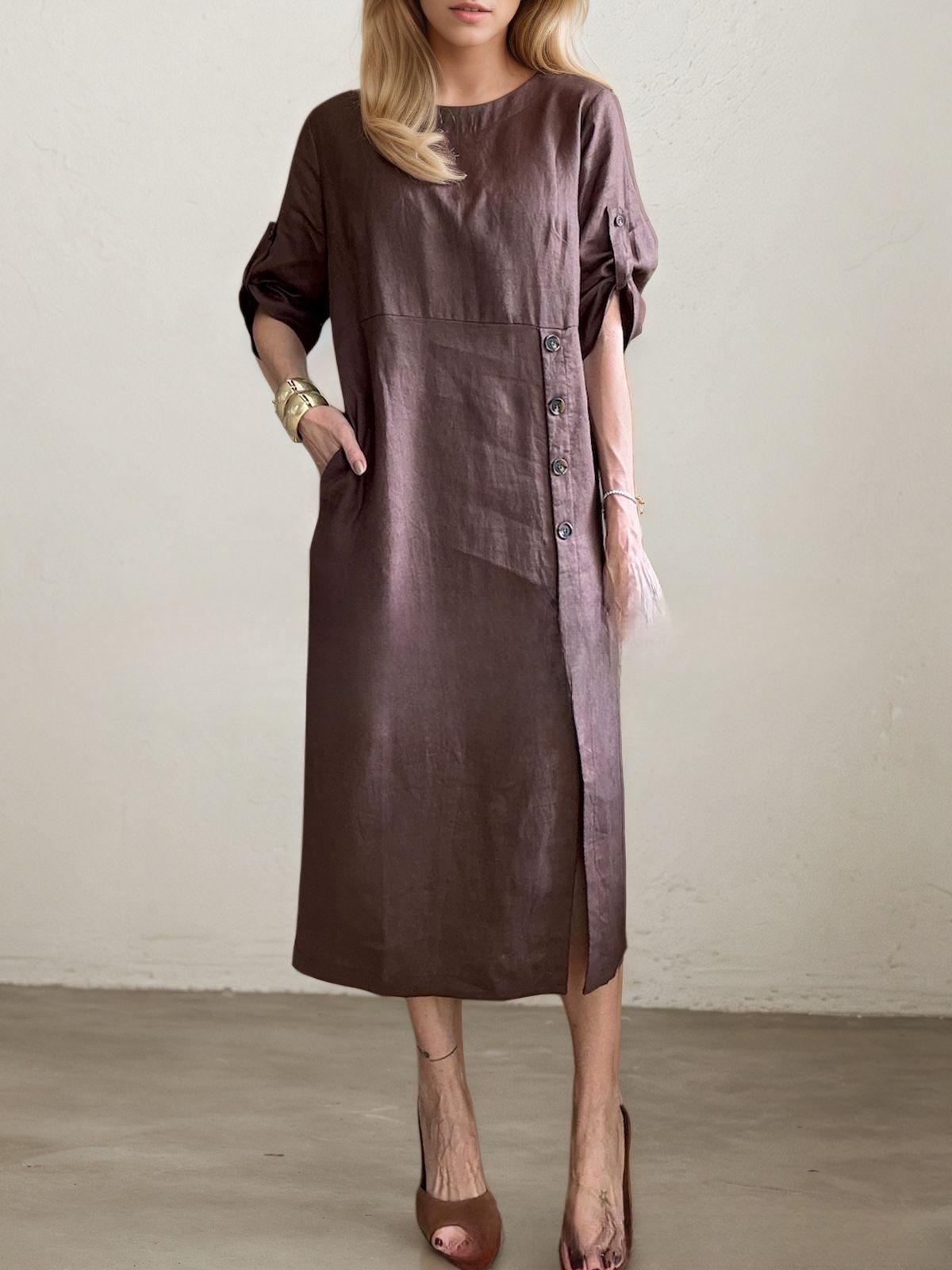 Round Neck Short Sleeve Button Split Mid-length Casual Dress