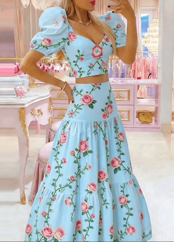 Sweet Floral Print Puff Sleeve Cropped Top High-waisted Maxi Skirt Two-piece Set For Women.