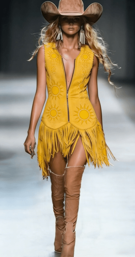 Sleeve Depth V-neck Zipper Embroidery Fringe Dress