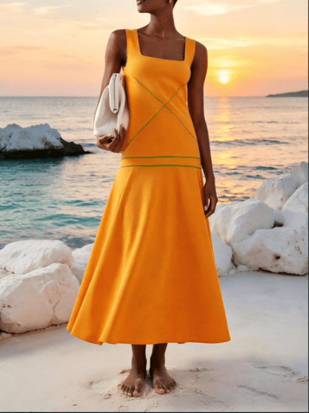 Orange Square Neck Sleeveless Midi Dress With Green Contrast Stitching