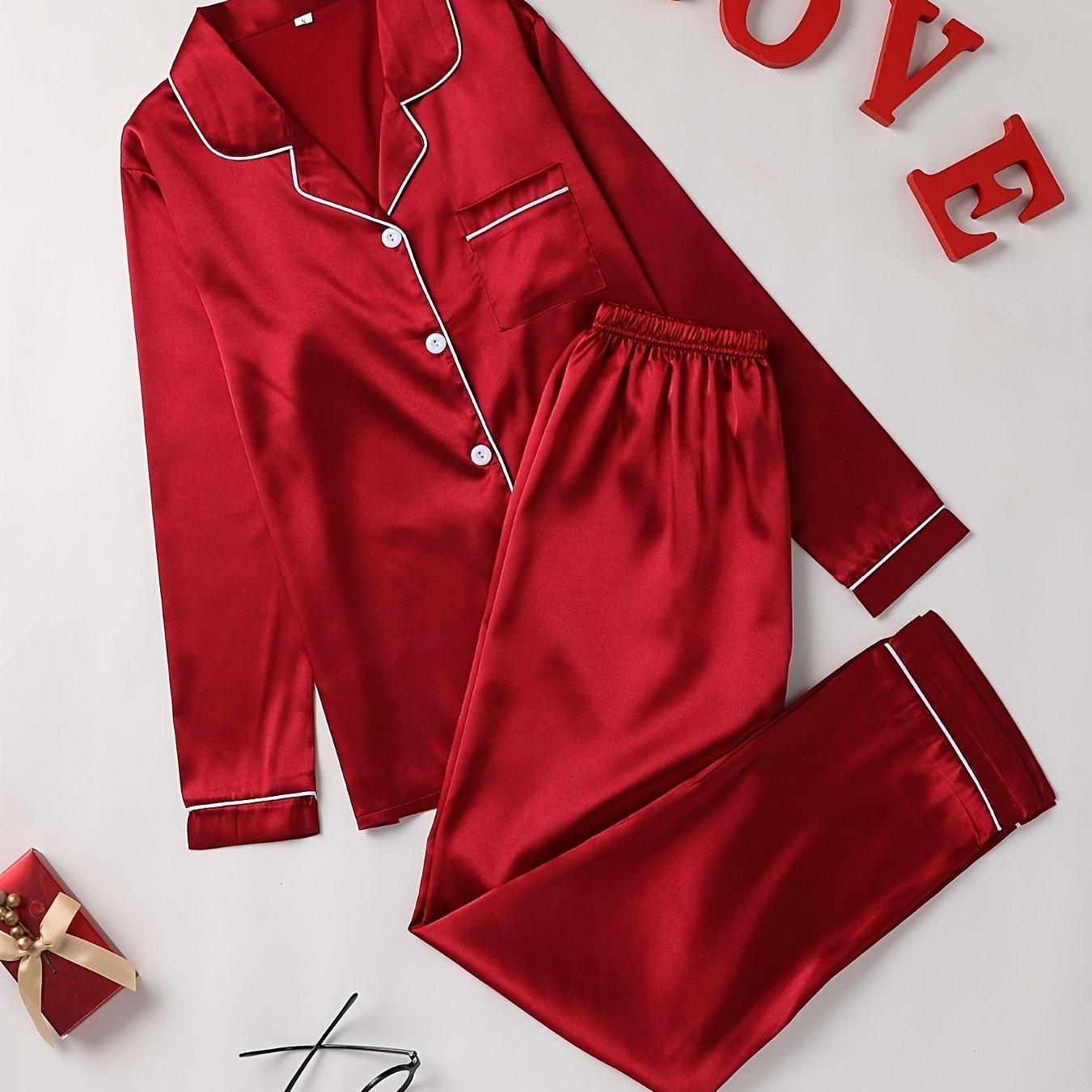Solid Color Pajamas Set Long Sleeve Button Polo Collar Top And Pants