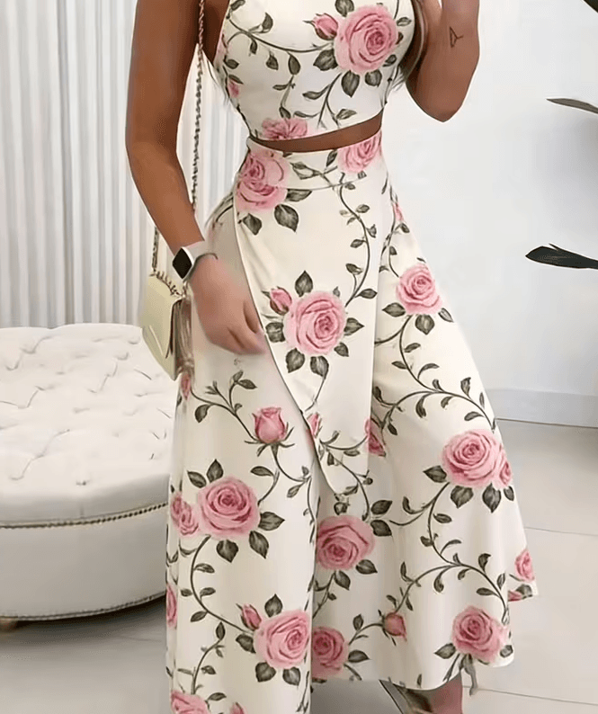 Rose Print Camisole Cropped Skirt Two-Piece Set