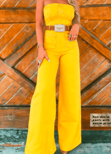 Tube Top Denim Print Wide-Leg Jumpsuit