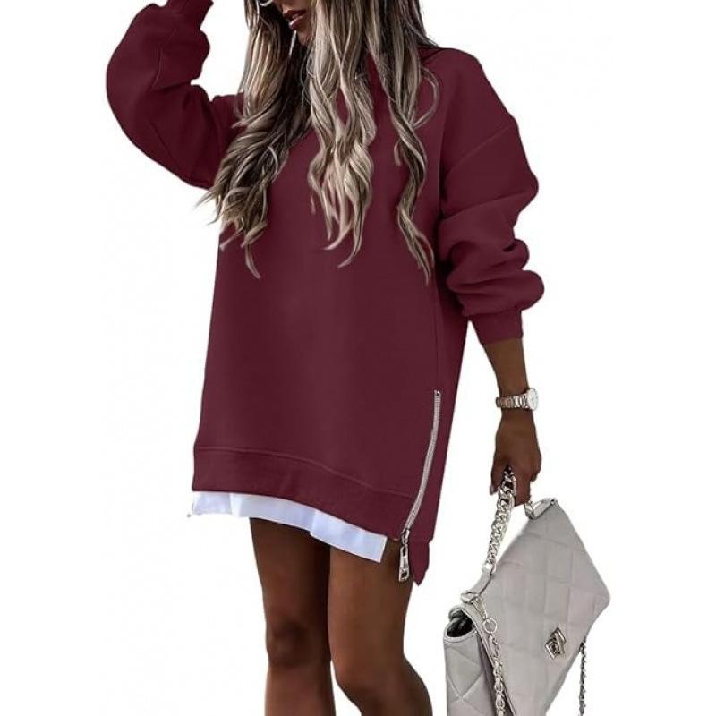 Fall Winter Fashion Stitching Side Zipper Design Pullover Sweater For Women