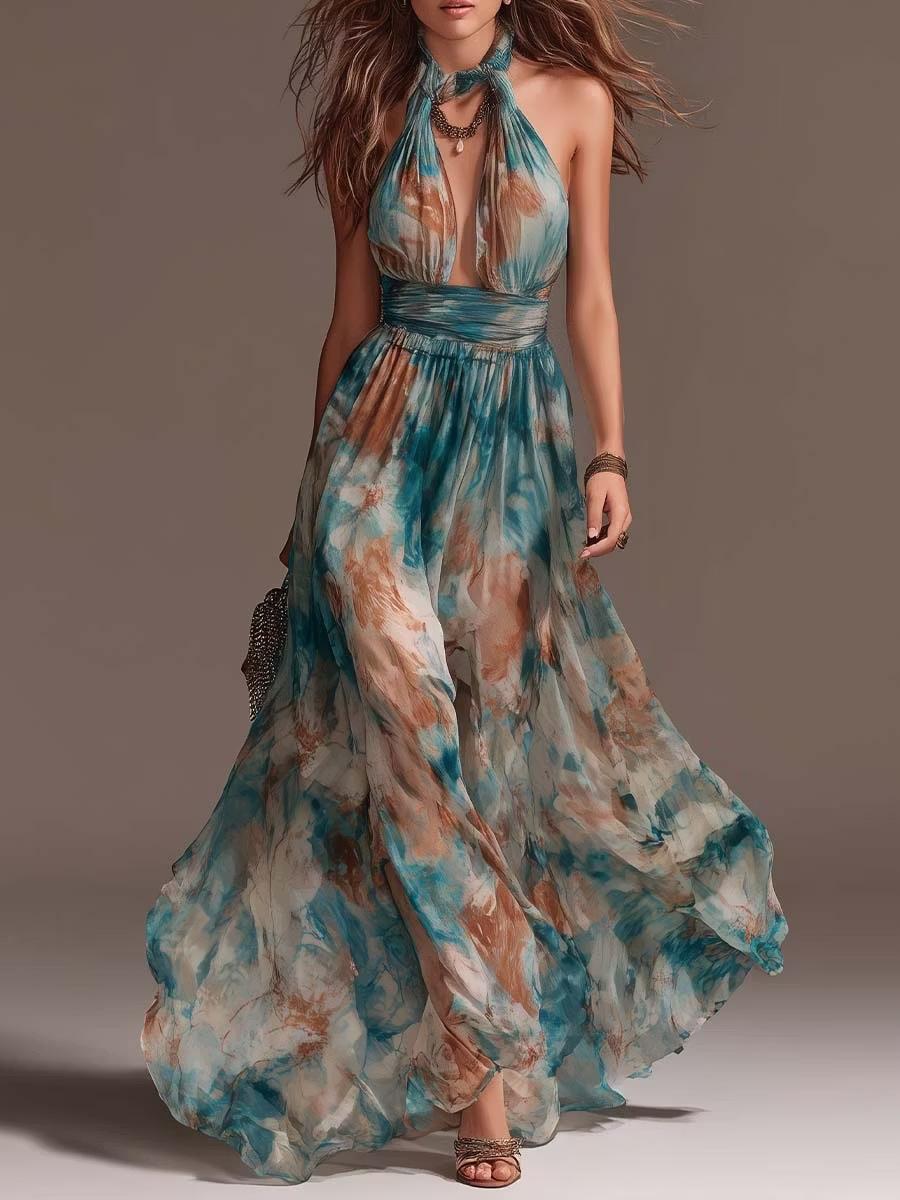 Halterneck Backless Casual Long Dress With Ink-wash Floral Print