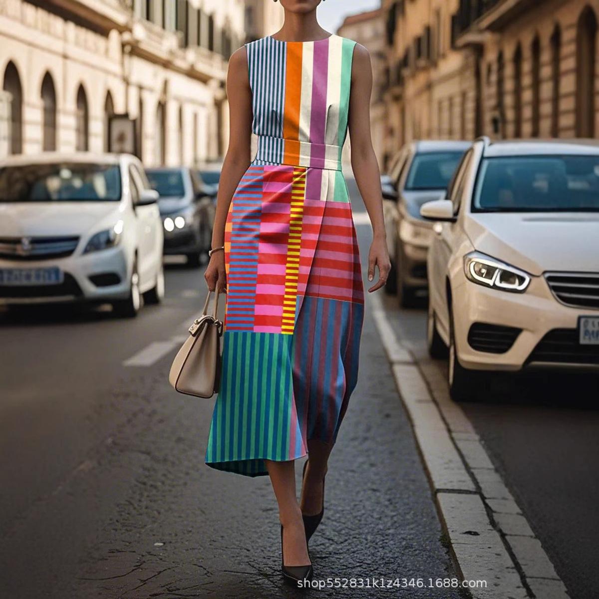 Sleeveless Plus Size Artistic Oil Painting Stripes Elegant Dress