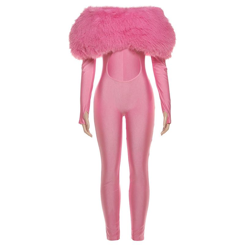 New Women's Off-shoulder Furry Stitching Sexy Midriff-baring Long Sleeve Jumpsuit