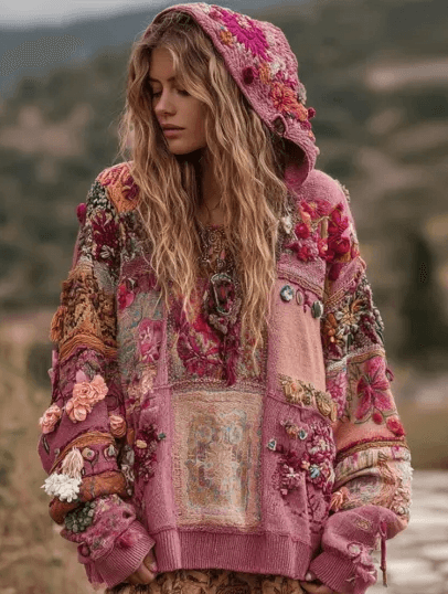 Vintage Hooded Jacket Versatile Lace-up Printed Sweatshirt