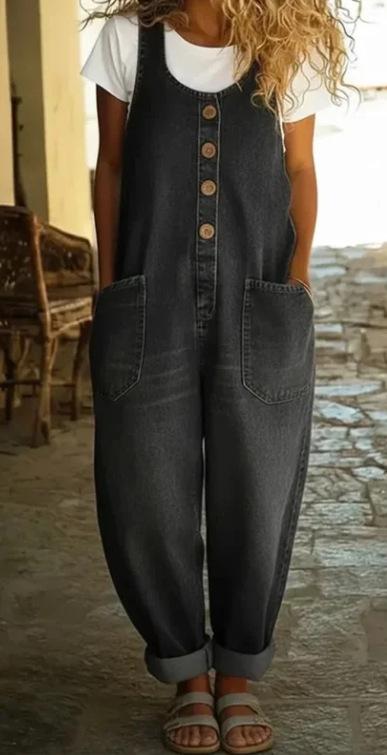Retro Wide-leg Strap Womens Sleeveless Pocket Denim Jumpsuit
