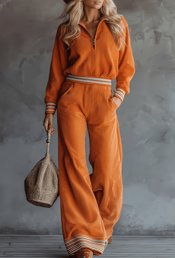 Phnom Penh Stripe Stand-Collar Half-Zip Sweatshirt And Wide-Leg Pants Two-Piece Set