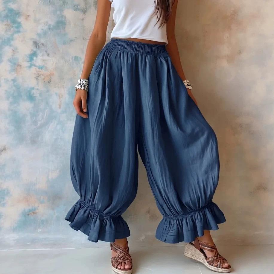 Loose Casual Cotton-linen Flared Pants With Ruffled Hems For Women