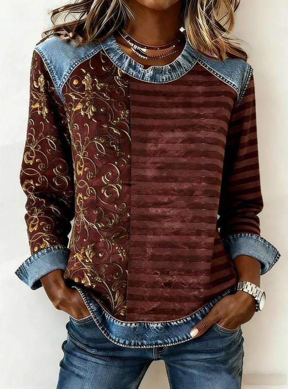 Casual Round Neck Color-blocked Printed Long-sleeved Loose Top