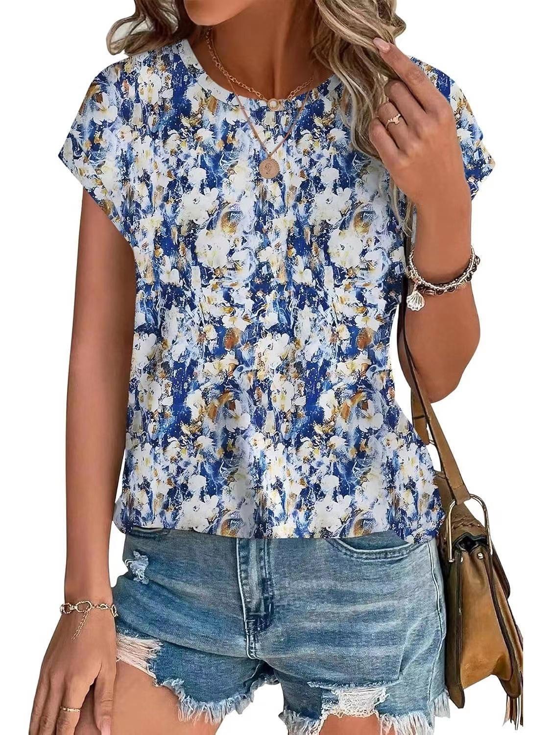 Women's Fashionable Floral Trendy Printed Crewneck Short-Sleeve T-Shirt