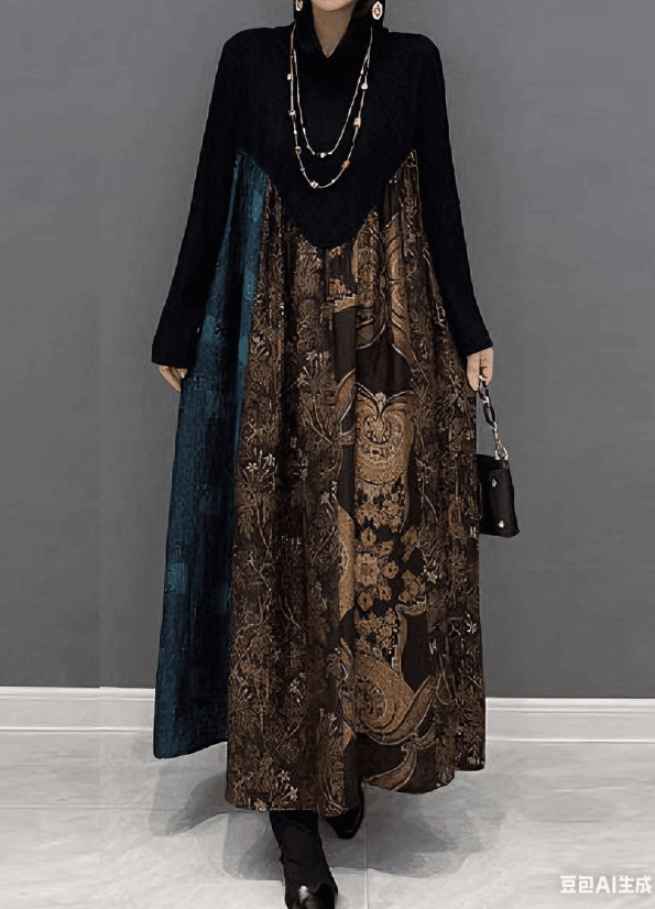 Women's Retro Ethnic Style Turtleneck Spliced Dress - Long-sleeved, Loose, Plus-size, Printed, Long-length, Elegant Knee-length Dress