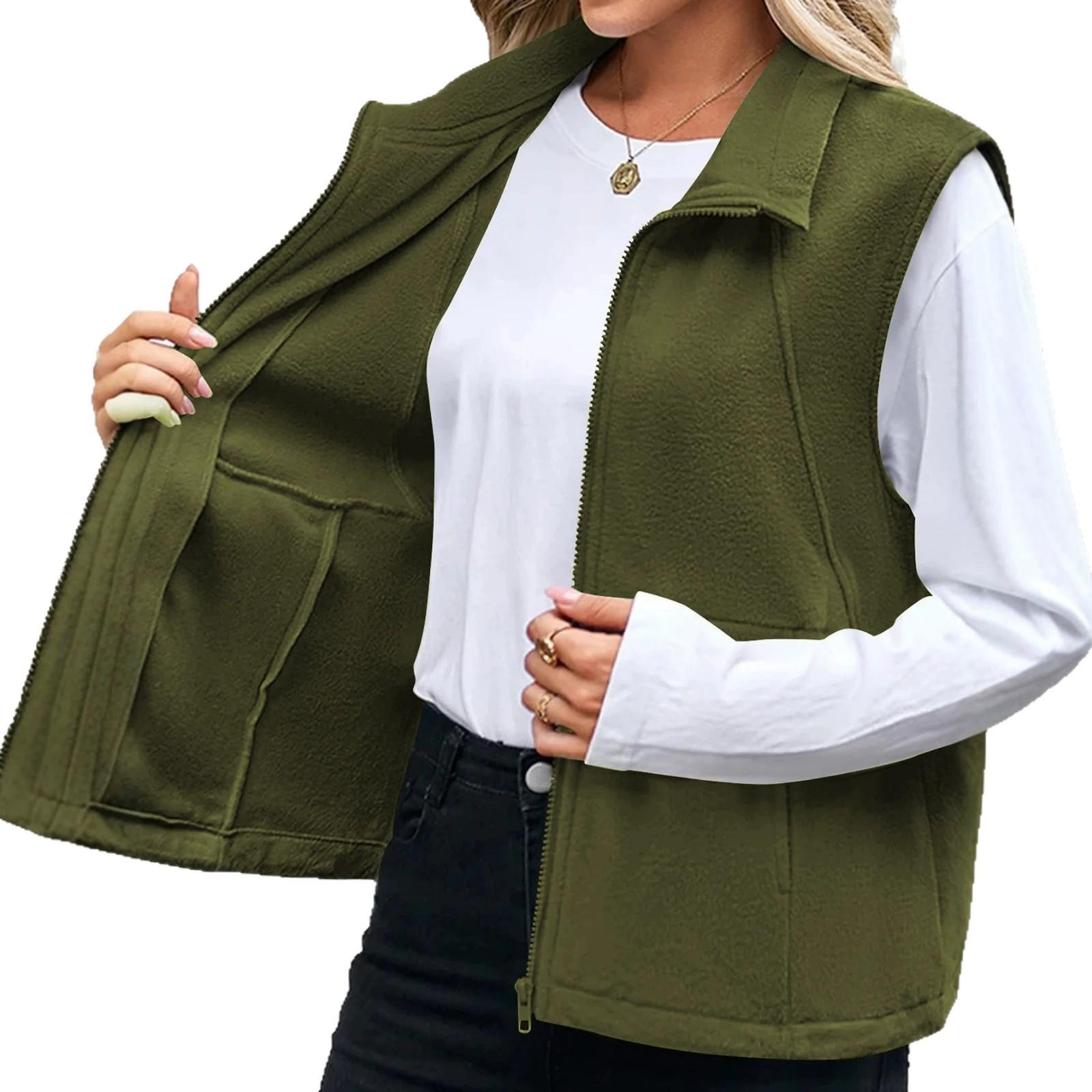 Fleece Vest With Pockets Zip Closure And A Lapel Collar Sleeveless Cardigan Style