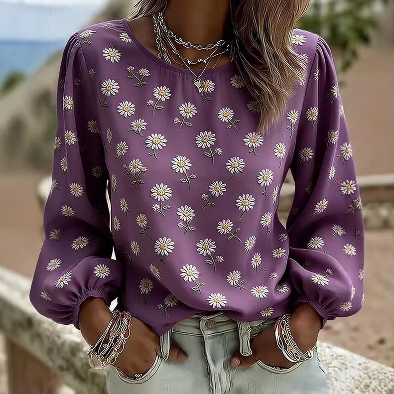 Womens Crew-neck Printed Long-sleeve Top