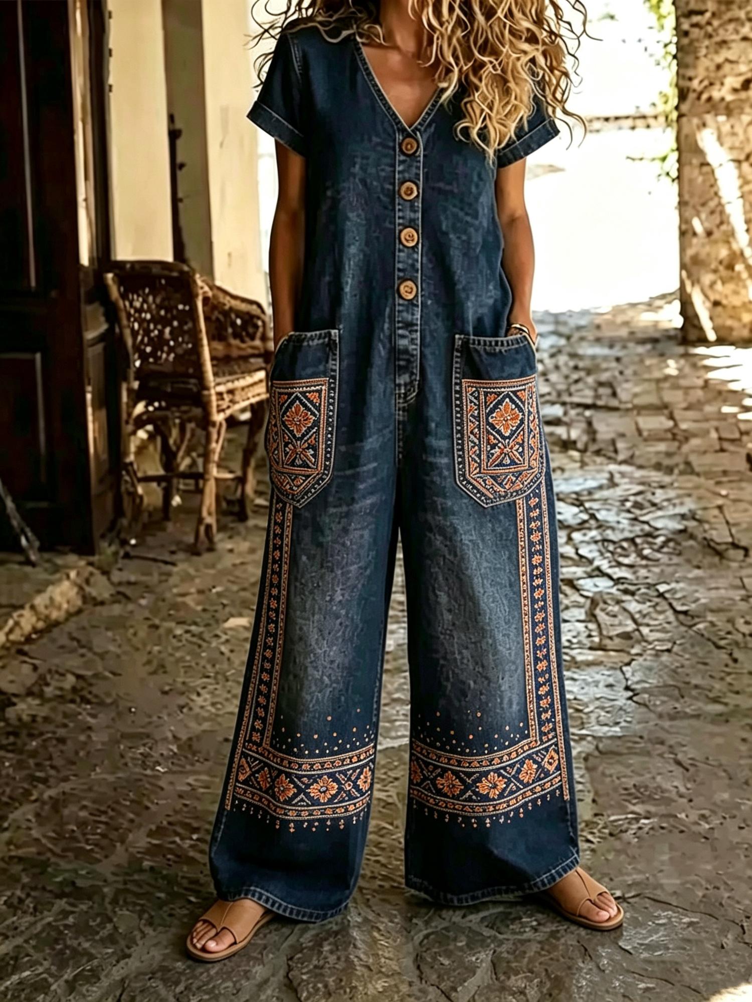 Buttoned Pockets Comfortable Short Sleeves Casual One-piece Wide-leg Jumpsuit
