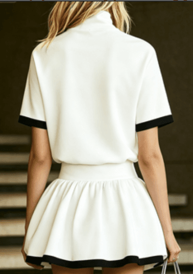 White & Black Contrast High-Neck Short-Sleeve Top & Pleated Skirt Set