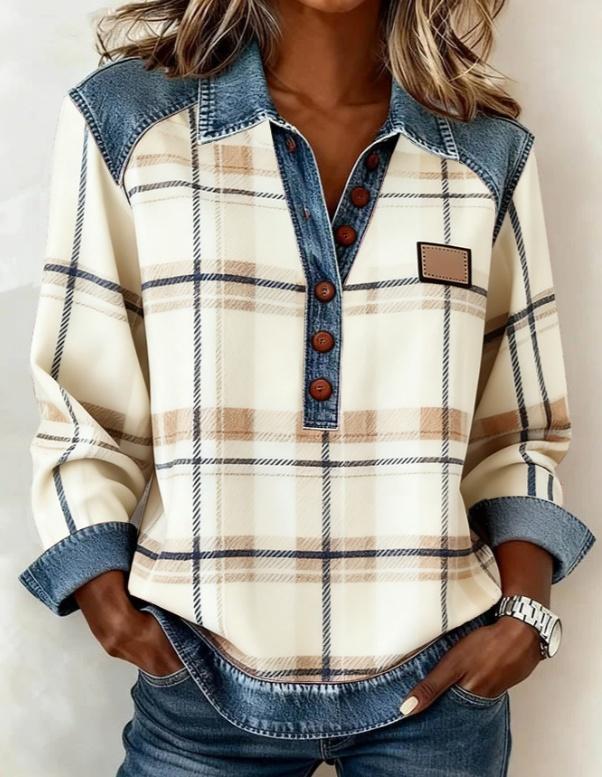 Denim Patchwork Collar Button-down Casual Long-sleeved Top