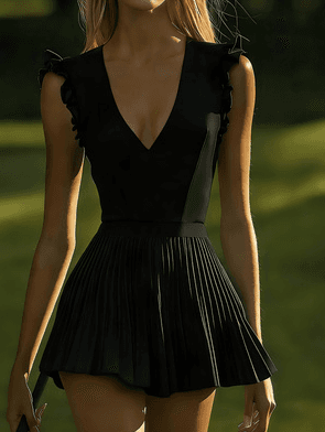 V-neck, Ruffled Trim, Fitted Waist, Pleated French-style Short Dress