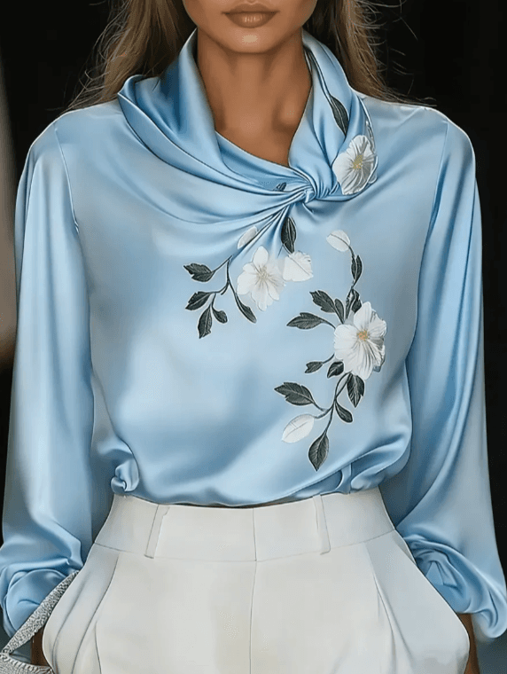 Women's French-style Elegant Satin Printed Turtleneck Long-sleeved Loose-fitting Shirt