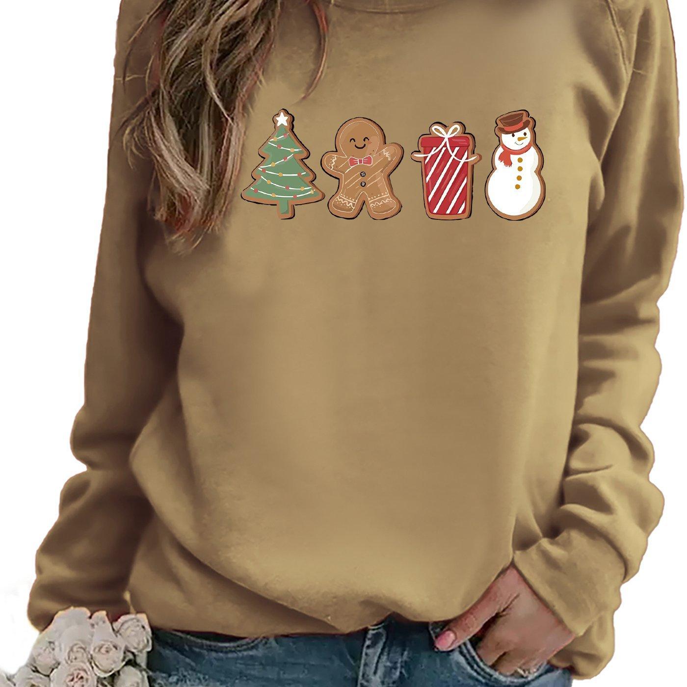 Snowman And Gingerbread Man Printed Sweater Comfortable And Casual