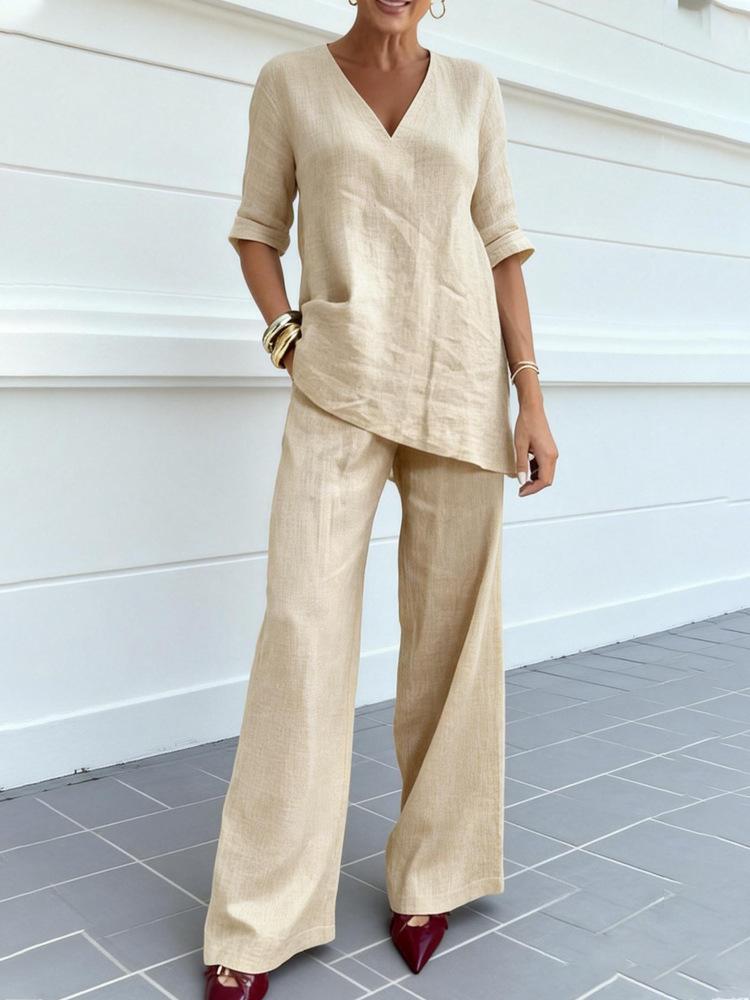 Casual Cotton-Linen Solid-Color Mid-Sleeve V-Neck Top And Straight-Cut Casual Pants Set