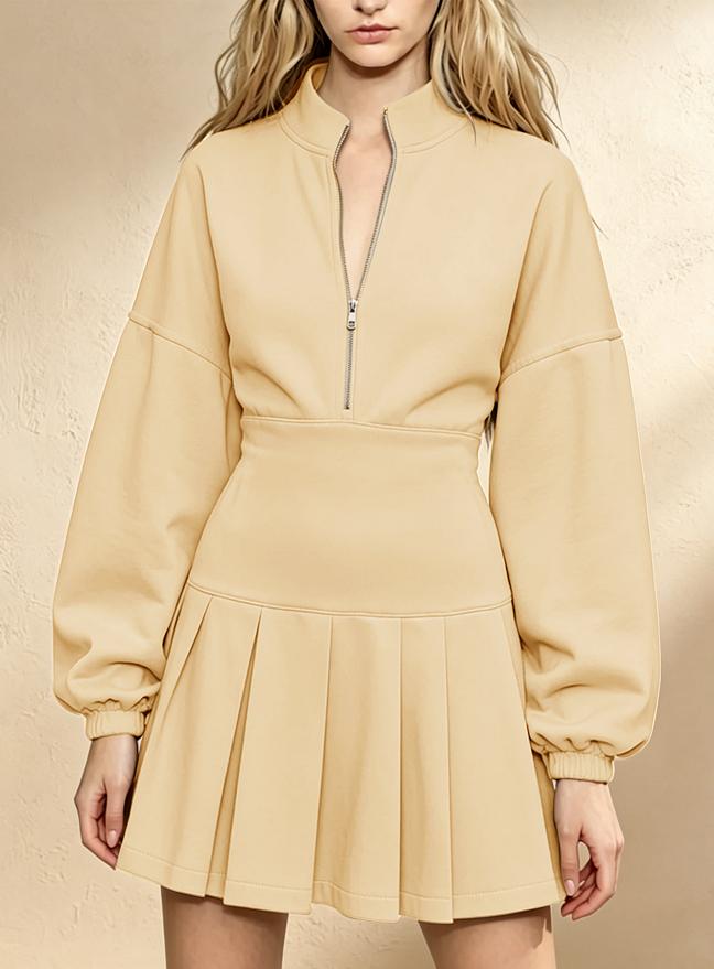 Gray Half-zip Waist-cinching Pleated Hoodie Dress