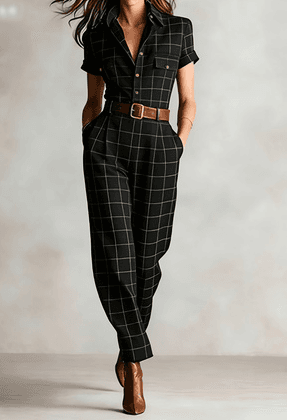 Vintage Plaid Lapel Short-sleeve Waist-cinched Utility Jumpsuit