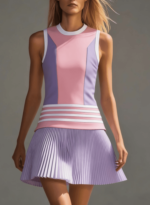 Fresh And Girly Style, Round-neck Striped Pleated Sports Skirt