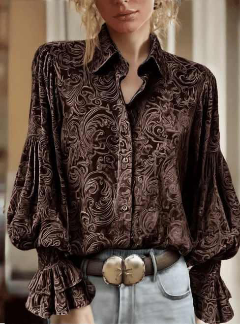 Casual Stand-up Collar Floral Print Puff Sleeve Long-sleeved Shirt
