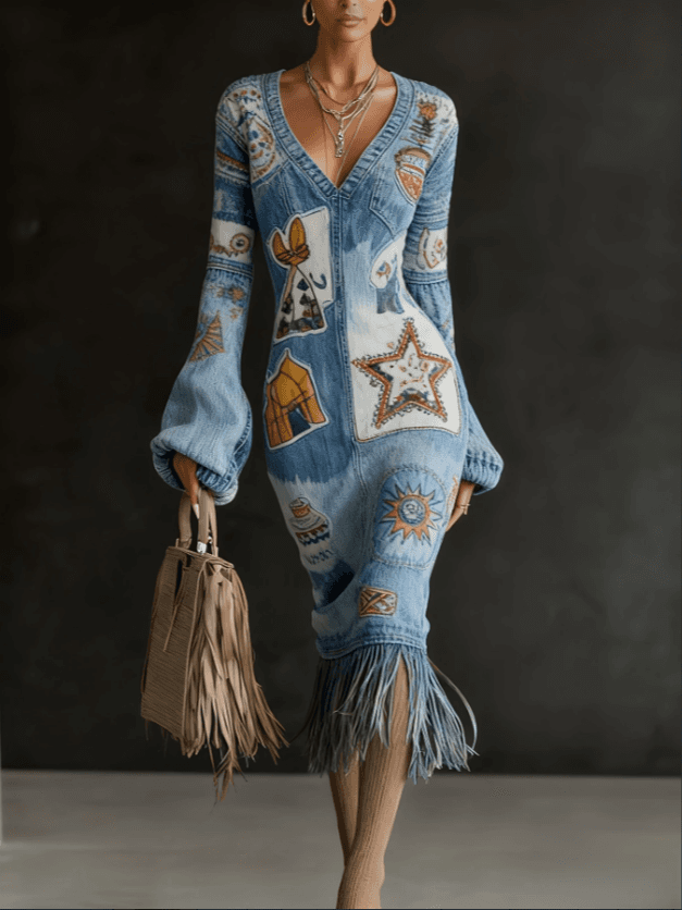 Tassel-decorated V-neck Bell Sleeve Casual Dress