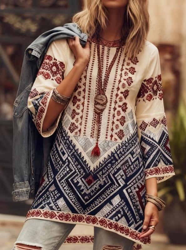 Ethnic Patterned Round Neck Bell Sleeve Casual Top
