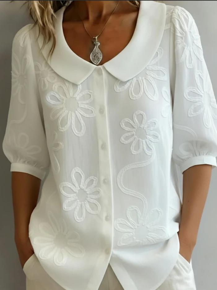 Retro Button-up Embroidered Floral Mid-sleeve Shirt