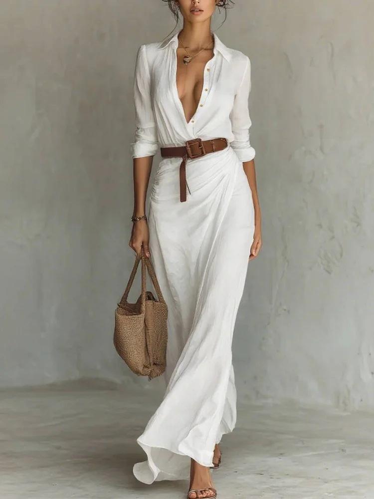 Women Autumn Elegant Sexy Solid Color Irregular Ruffle Dress With Belt