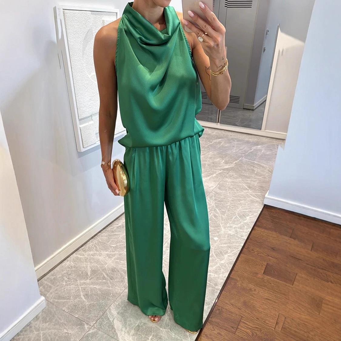 Women's Sleeveless Trousers Loose Satin Two-piece Set
