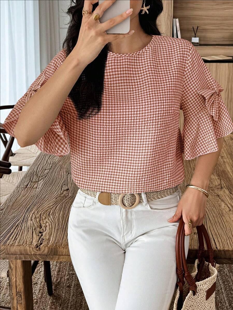 Womens Casual Top With Bow-Detail Plaid Trim Ruffled Cuffs And Puffed Sleeves