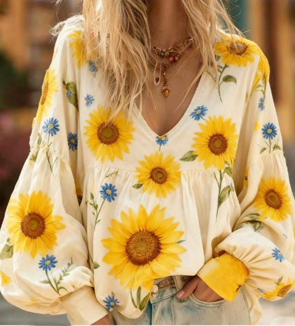 Floral Embroidery Casual V-neck Puff Sleeve Top