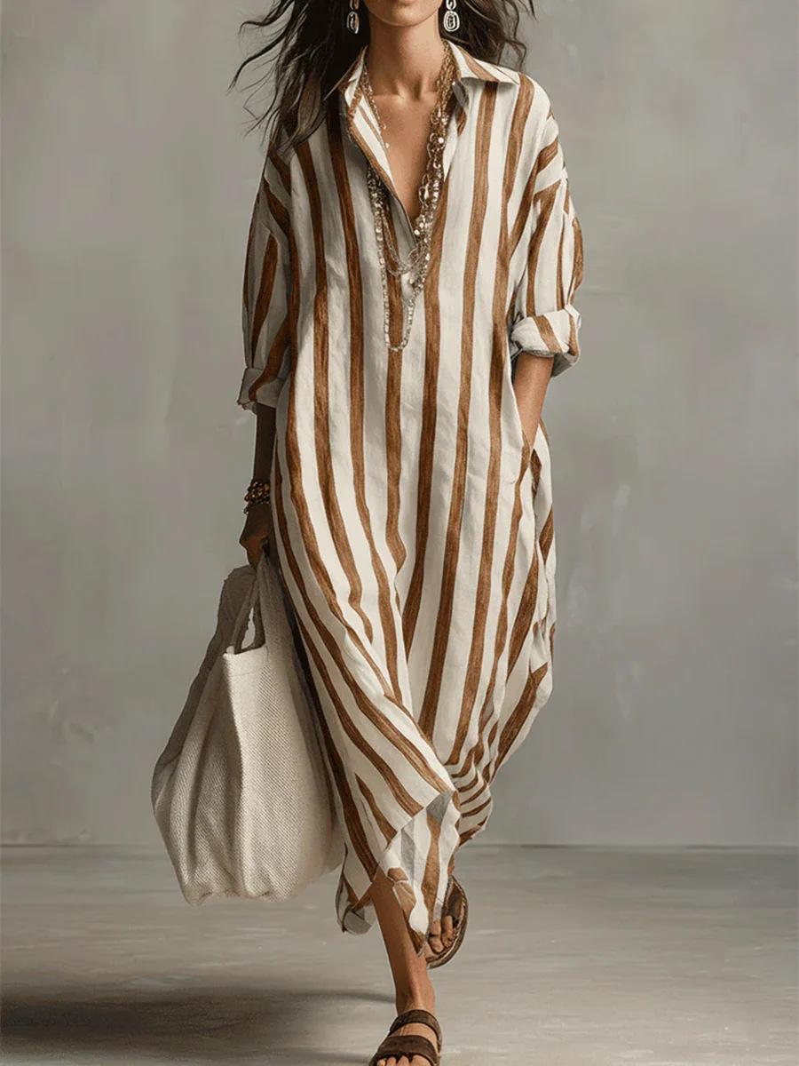 Stylish Loose V-neck Long Striped Sleeve Shirt Dress For Women Summer