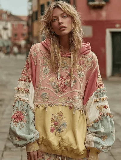 Vintage Hooded Jacket Versatile Lace-up Printed Sweatshirt