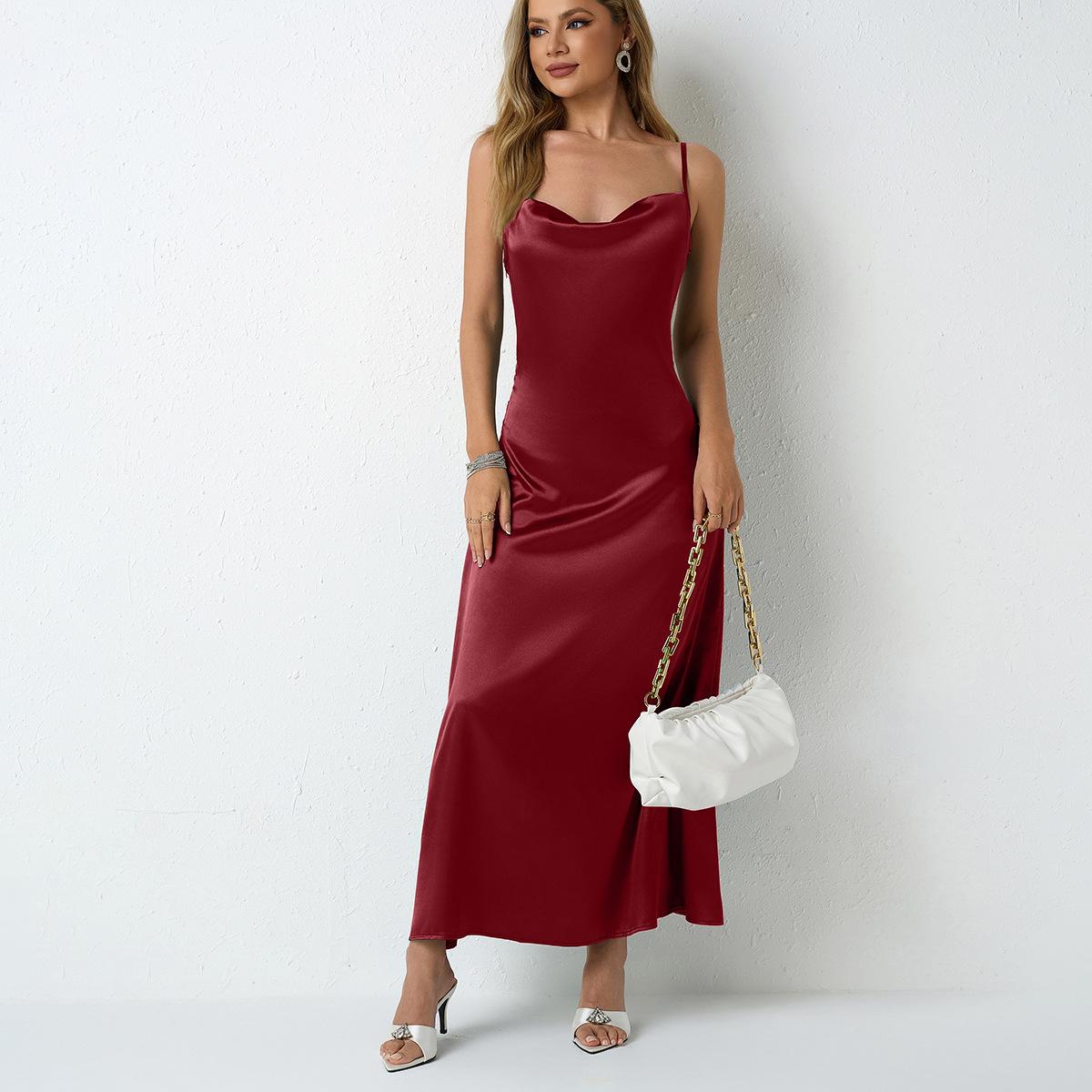 Female Casual Versatile Solid Color Satin Dress Women Pleated Sleeveless
