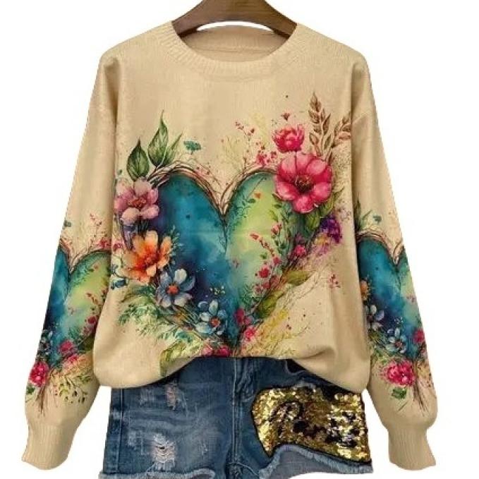 Womens Fresh And Casual Crew-Neck Printed Sweatshirt Top