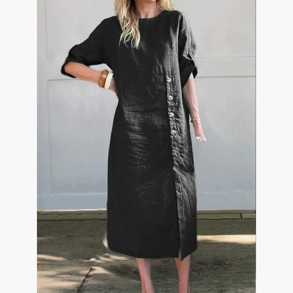 Round Neck Short Sleeve Button Split Mid-length Casual Dress
