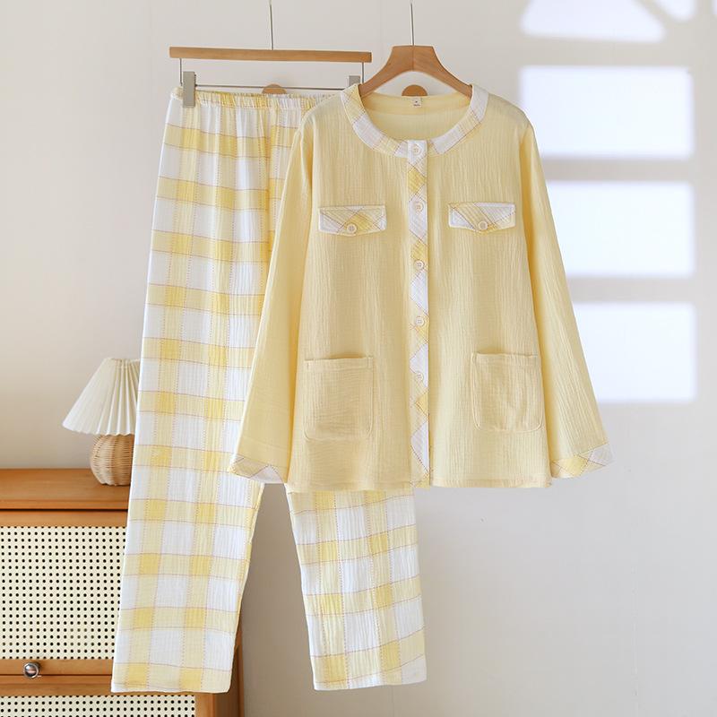 Spring Summer Cotton Gauze Thin Loose Long Sleeve Cardigan Homewear Suit