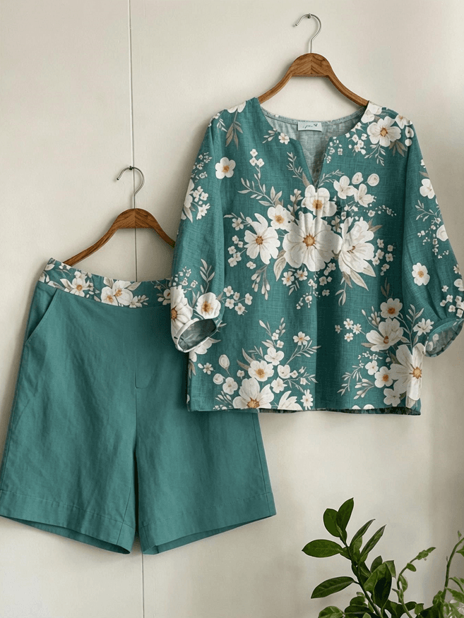 Sleeve Top & Solid Straight-Leg Shorts Casual Two-Piece Set