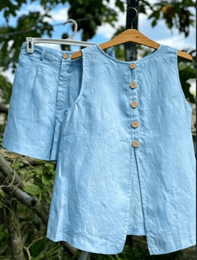 Light Blue Round Neck Back Button Sleeveless Linen Tank & High Waist Pleated Shorts Two-Piece Set