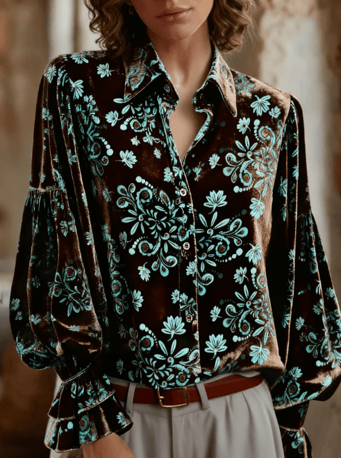 Casual Stand-up Collar Floral Print Puff Sleeve Long-sleeved Shirt